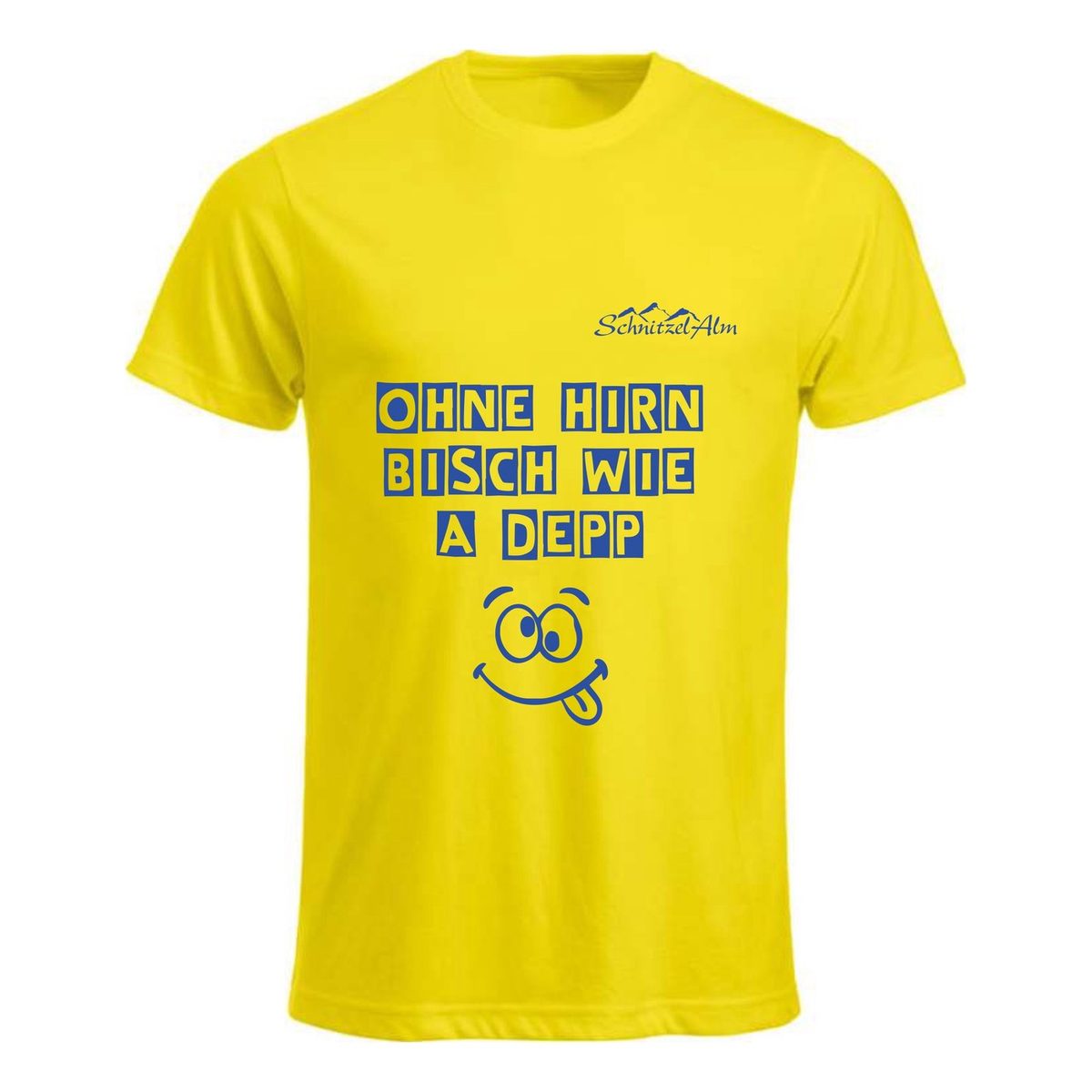 Gelbes T-Shirt mit blauem Spruch „Ohne Hirn bisch wie a Depp“, Smiley und Schnitzelalm-Logo