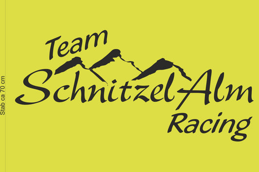 Schnitzelalm Racing Flagge, neongelb mit Team-Logo