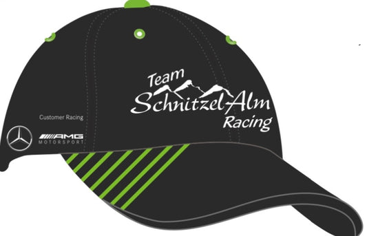 Schnitzelalm Racing Cap, schwarz mit neongrünen Streifen