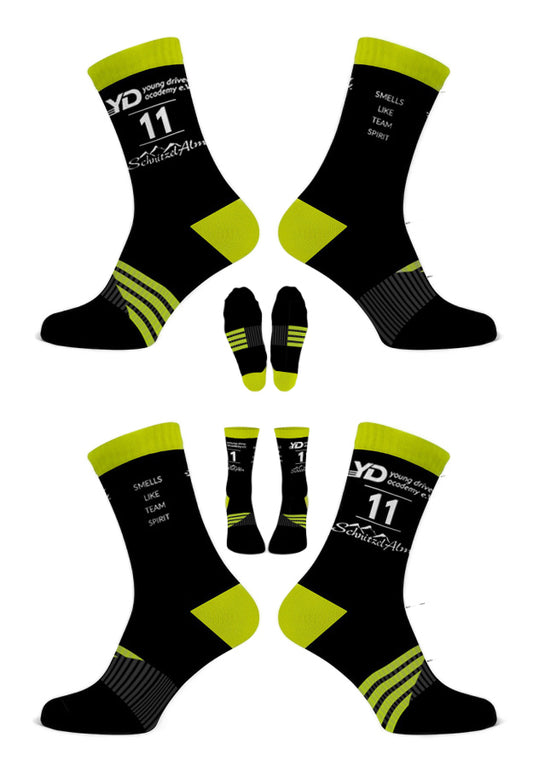 Schnitzelalm Racing Sportsocken, schwarz mit neongrünen Akzenten
