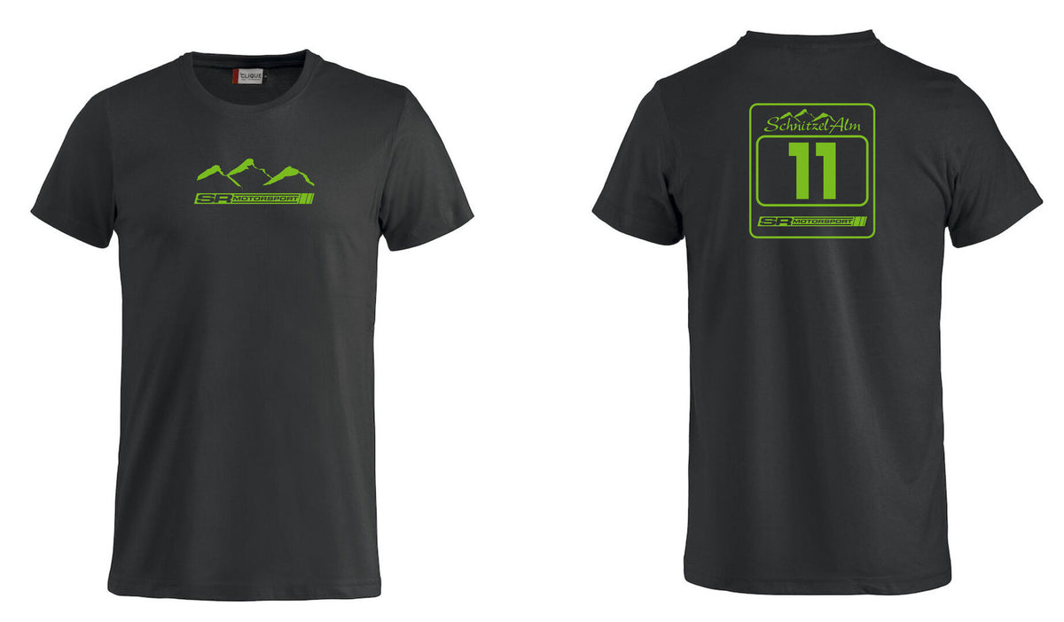 Schnitzelalm Racing T-Shirt schwarz, Vorder- und Rückseite