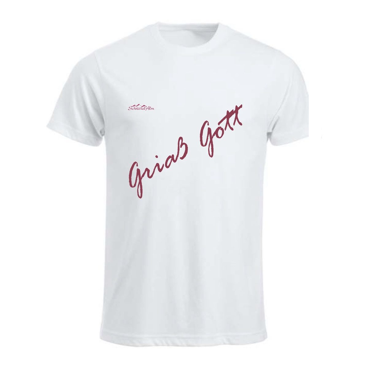 Weißes T-Shirt mit dunkelrotem Schriftzug „Griaß Gott“ und kleinem Schnitzelalm-Logo auf der Brust