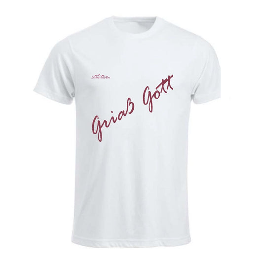 Weißes T-Shirt mit dunkelrotem Schriftzug „Griaß Gott“ und kleinem Schnitzelalm-Logo auf der Brust