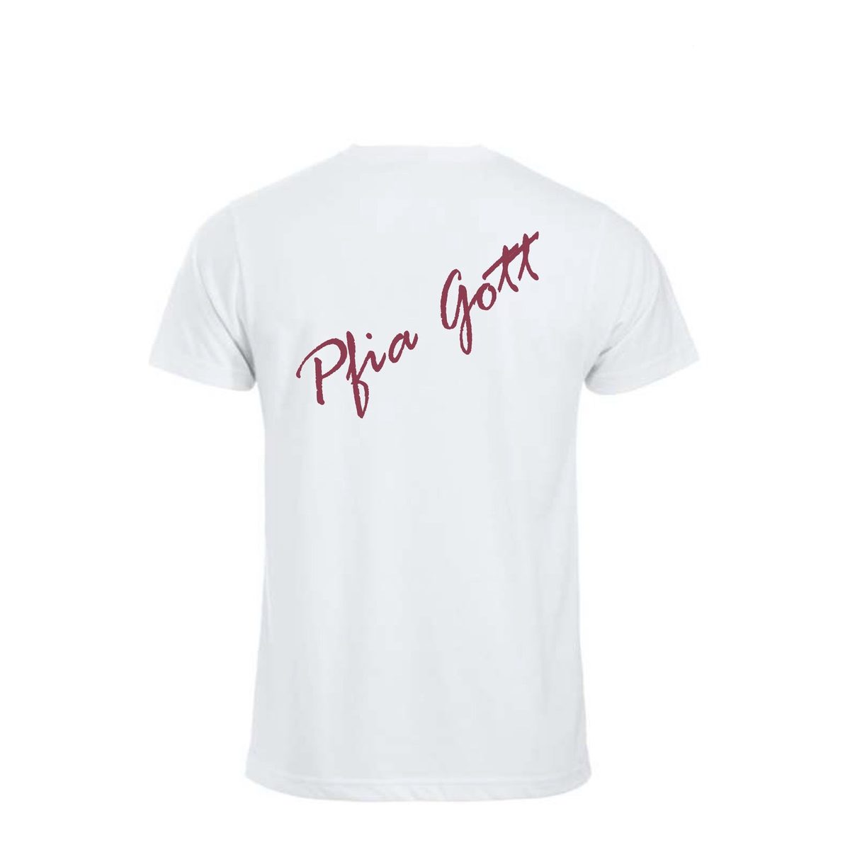 Rückseite des T-Shirts „Griaß Gott“ mit dem Schriftzug „Pfia Gott“