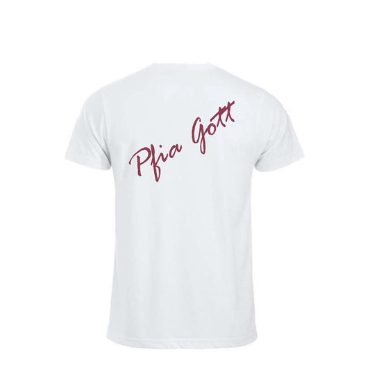 Rückseite des T-Shirts „Griaß Gott“ mit dem Schriftzug „Pfia Gott“
