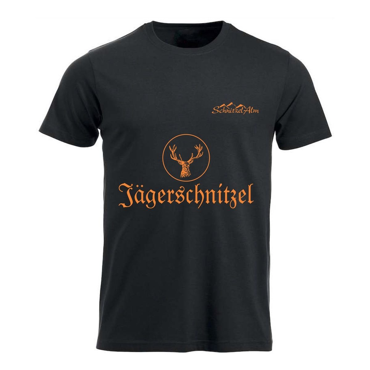 Schwarzes T-Shirt mit orangem Hirsch, Schriftzug „Jägerschnitzel“ und Schnitzelalm-Logo